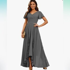 Grey V Neck Flutter Sleeve A line Dress with Lace Insets Sz 10 NWT